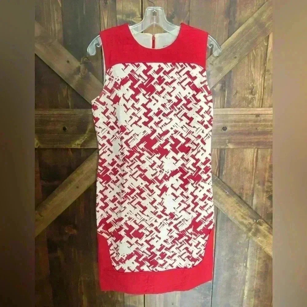 Longchamp Brick Red Geometric Print Linen Blend Sleeveless Dress It 38 Us 2